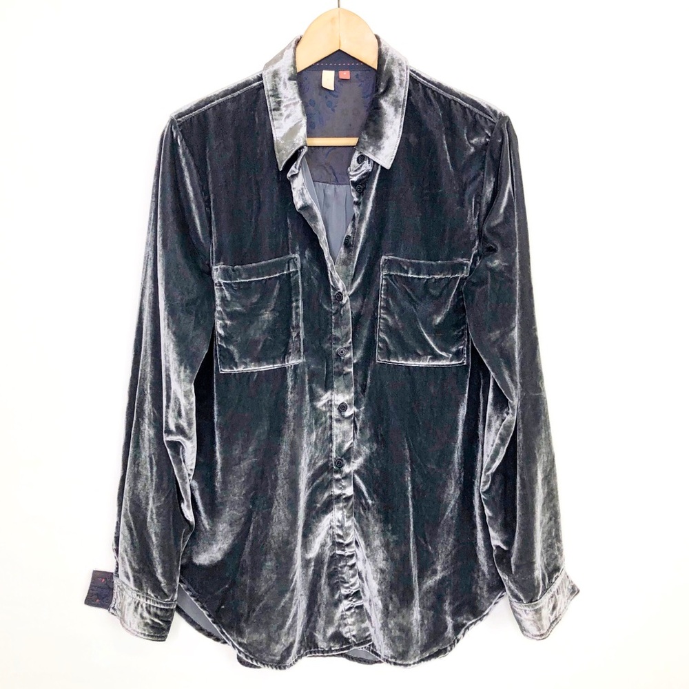 Pilcro Silver-Charcoal Velvet Button-Down Blouse